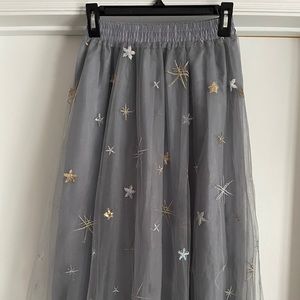 Grey Tulle Midi Skirt with Stars